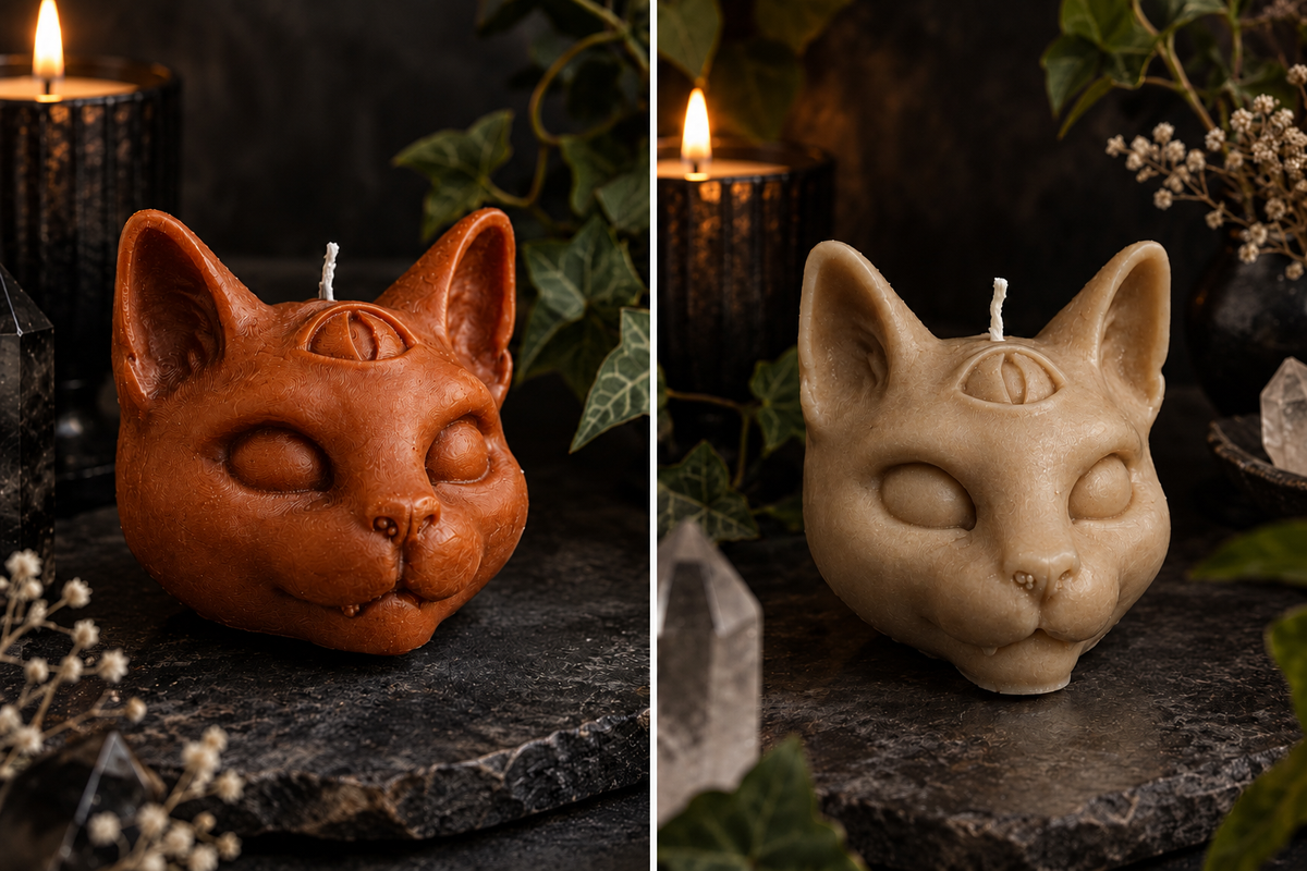 Burnt orange and beige cat-head candles