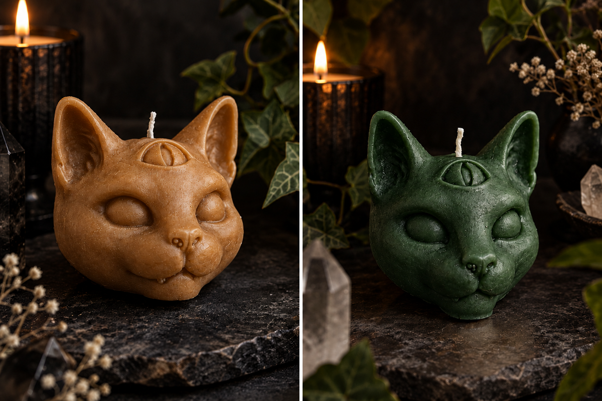 Light brown and forest green cat-head candles