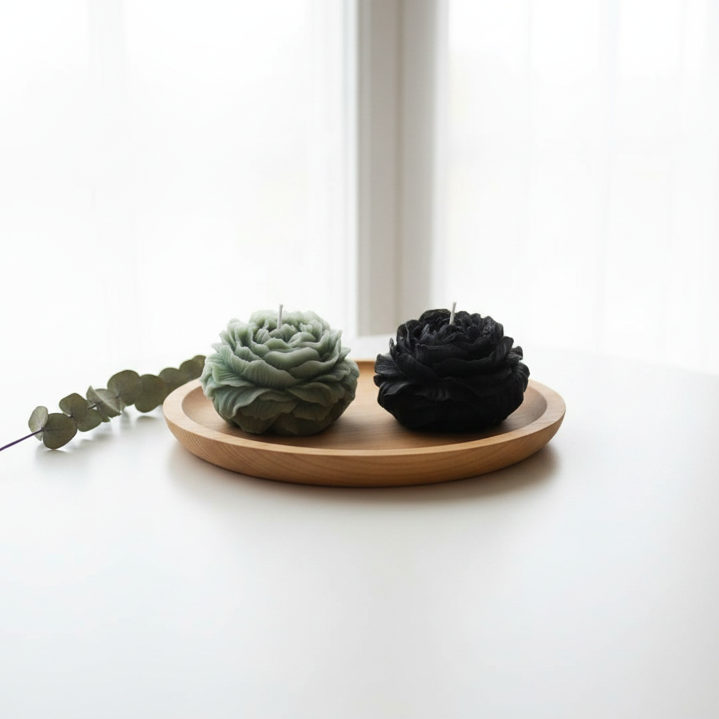 Peony Pillar Candle Sage Green & Black
