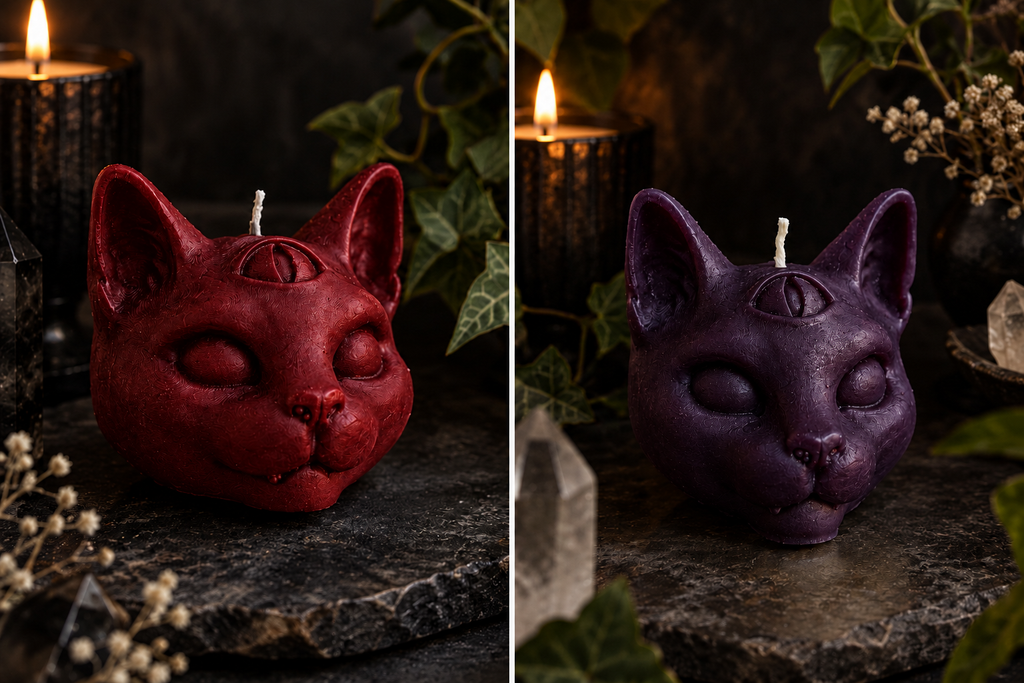 Red and dark purple cat-head candles
