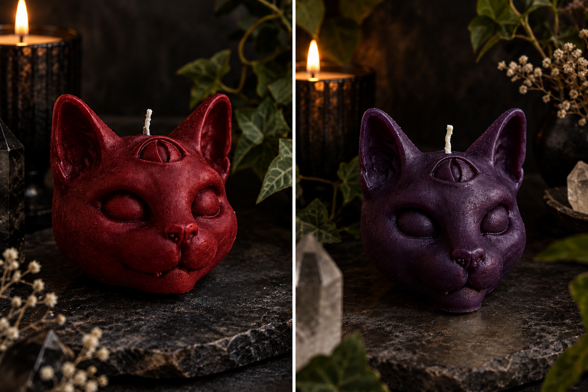 Red and dark purple cat-head candles