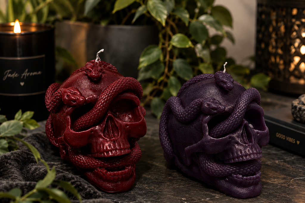 Red and dark purple skull candles