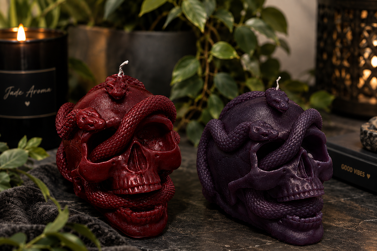 Red and dark purple skull candles